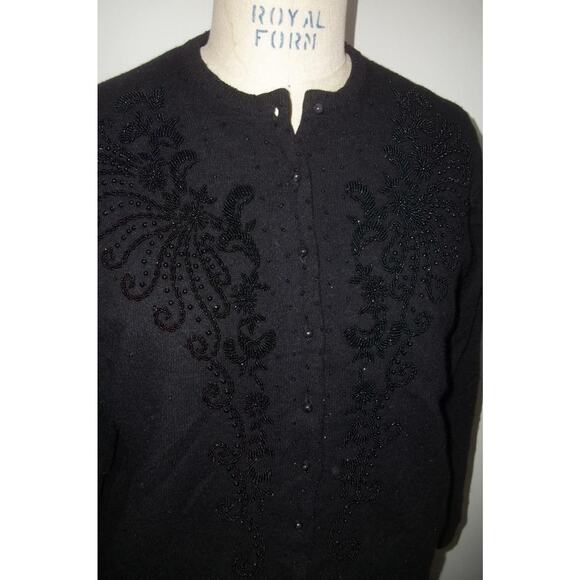 Vintage 50's Black Beaded Floral Print Cardigan Sweater 44 - Picture 4 of 9